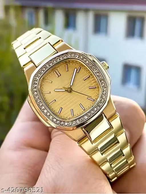 Gold Luxury Stainless Steel Watch – Diamond Bezel | Black Textured Dial | Premium Edition