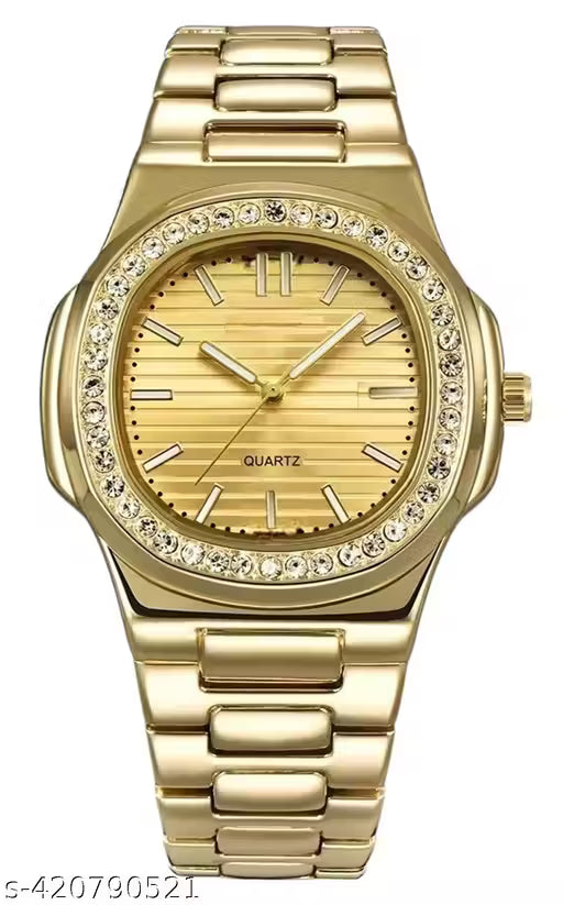 Gold Luxury Stainless Steel Watch – Diamond Bezel | Black Textured Dial | Premium Edition