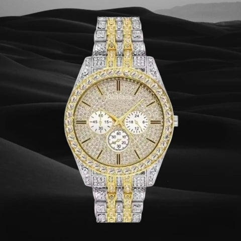 Full Diamond Luxury Crystal Watch – Gold & Silver | Stainless Steel | Premium Chrono-Style Design
