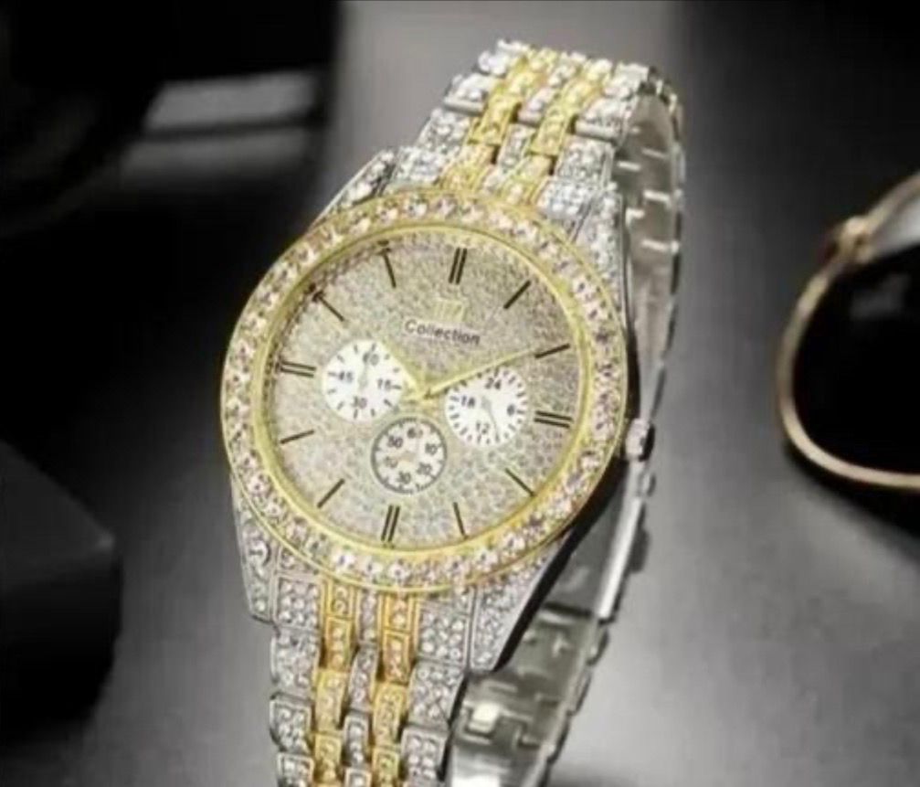 Full Diamond Luxury Crystal Watch – Gold & Silver | Stainless Steel | Premium Chrono-Style Design