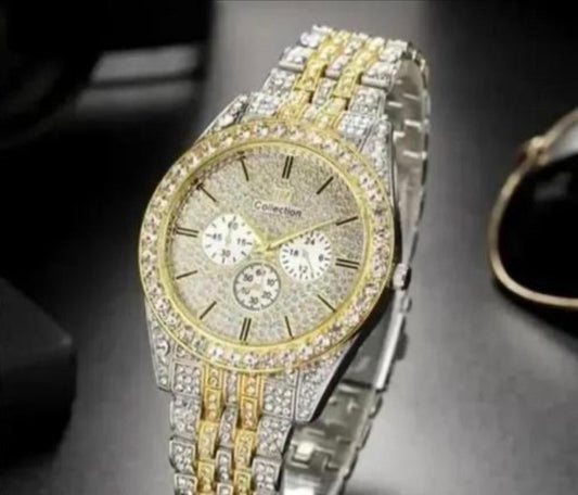 Full Diamond Luxury Crystal Watch – Gold & Silver | Stainless Steel | Premium Chrono-Style Design