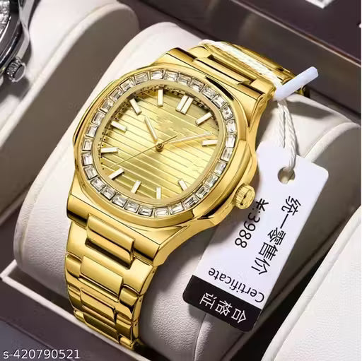 Gold Luxury Stainless Steel Watch – Diamond Bezel | Black Textured Dial | Premium Edition