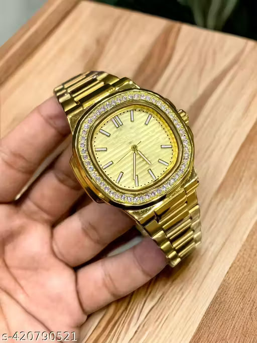 Gold Luxury Stainless Steel Watch – Diamond Bezel | Black Textured Dial | Premium Edition